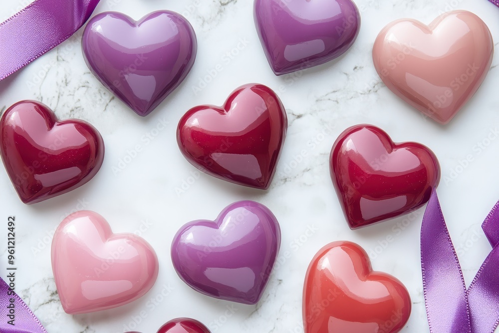 Obraz premium Colorful heart-shaped chocolates arranged on a marble surface with ribbons.
