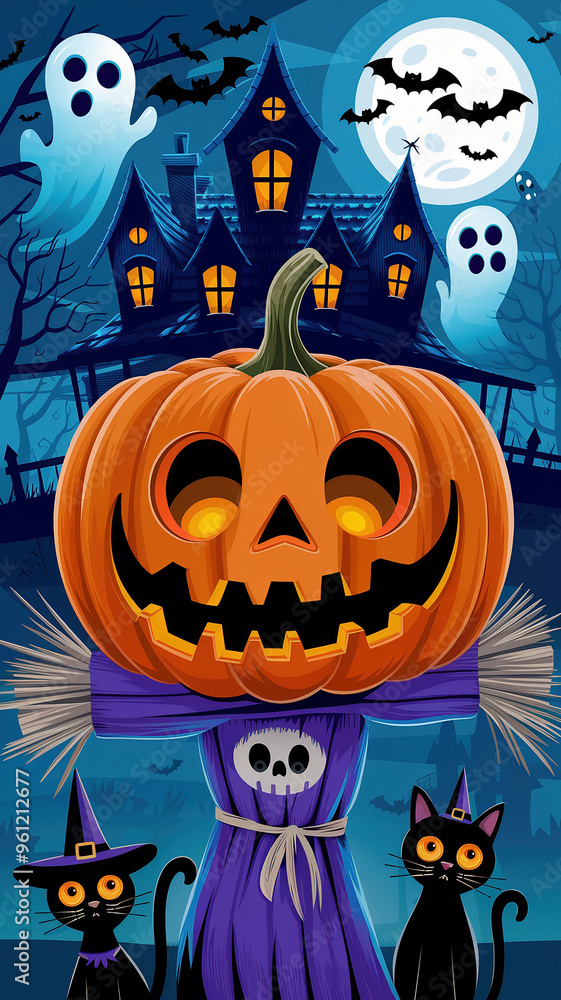 happy halloween poster style, pumpkin, scary house, bats, cats, ghosts, witch, moon happy halloween poster style, pumpkin, scary house, bats, cats, ghosts, witch, moon
