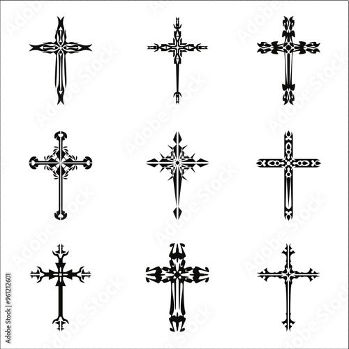 Christian cross vector icon symbols.  Abstract christian religious belief or faith art illustration for orthodox or catholic design. The symbol of the cross in various designs used in tattoo.