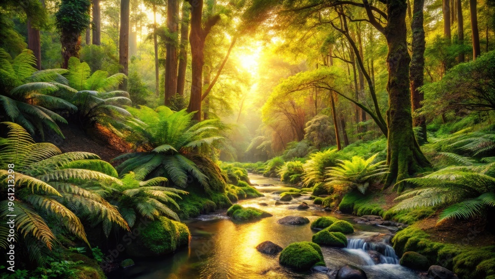 Lush verdant forest with dense foliage, towering trees, and vibrant ferns surrounding a serene meandering stream, bathed in warm, soft, golden afternoon light. Lush verdant forest with dense foliage, towering trees, and vibrant ferns surrounding a serene meandering stream, bathed in warm, soft, golden afternoon light.