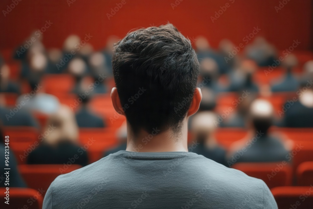 A focused participant attending a conference, gazing at an audience in a red-themed venue, highlighting engagement and attention. A focused participant attending a conference, gazing at an audience in a red-themed venue, highlighting engagement and attention.