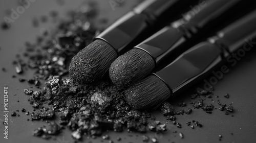 Three makeup brushes coated in black eyeshadow, placed on a dark, gritty surface, emphasizing beauty tools and cosmetics with a moody, monochromatic tone.