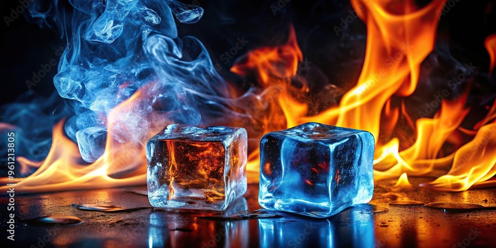 Abstract image of reflected fire and ice cubes in a fiery dark background, highlighting hot and cold contrasts Abstract image of reflected fire and ice cubes in a fiery dark background, highlighting hot and cold contrasts