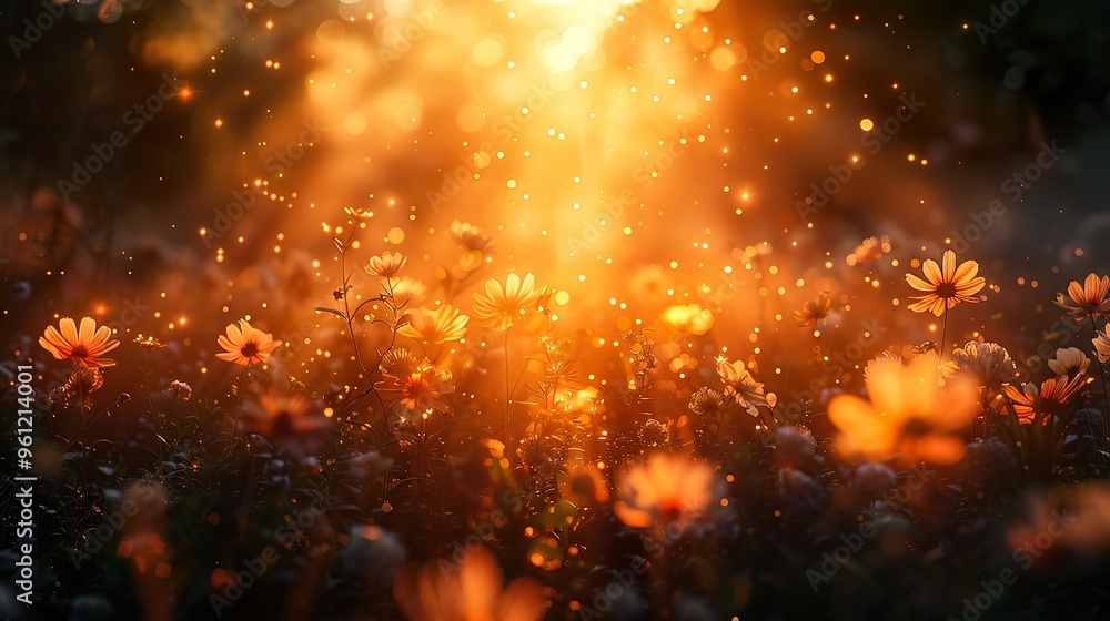 Golden light shines through a field of wildflowers at sunset. Golden light shines through a field of wildflowers at sunset.