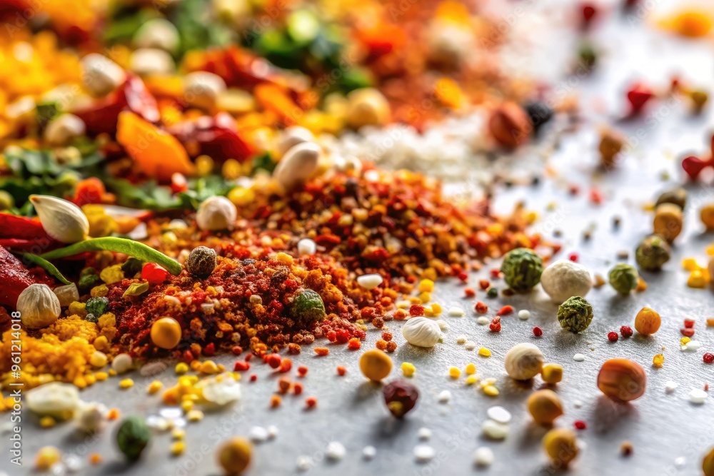 Macro close-up of colorful, scattered food particles, including crumbs, seeds, and spices, arranged randomly on a clean, white, semi-reflective surface against a blurred background. Macro close-up of colorful, scattered food particles, including crumbs, seeds, and spices, arranged randomly on a clean, white, semi-reflective surface against a blurred background.
