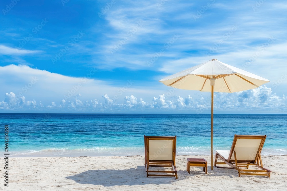 Obraz premium Beautiful panoramic sea sand sky. Tropical relax beach sunny summer island landscape. Love couple chairs umbrella palm leaves romantic coast. Luxury travel destination. Honeymoon vacation best, ai