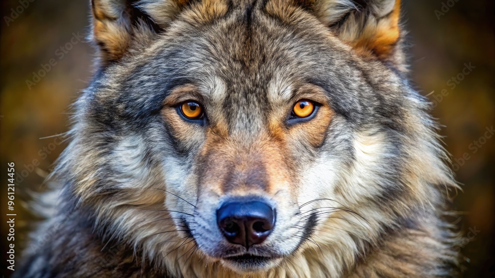 Macro shot of a wolf's head, showcasing intricate details of its fur, nose, eyes, and teeth, highlighting its powerful and majestic facial anatomy structure. Macro shot of a wolf's head, showcasing intricate details of its fur, nose, eyes, and teeth, highlighting its powerful and majestic facial anatomy structure.