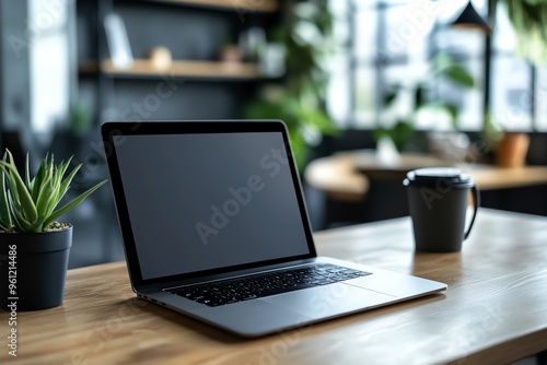 Wallpaper Mural Laptop on Wooden Desk with Blank Screen and Coffee Cup Torontodigital.ca