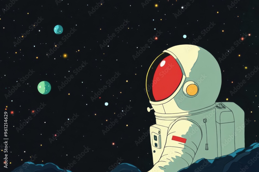 Fototapeta premium World Space Week. Illustration about space and an astronaut. The astronaut explores new unexplored worlds and admires outer space. Book illustration for science fiction or fantasy. Future space