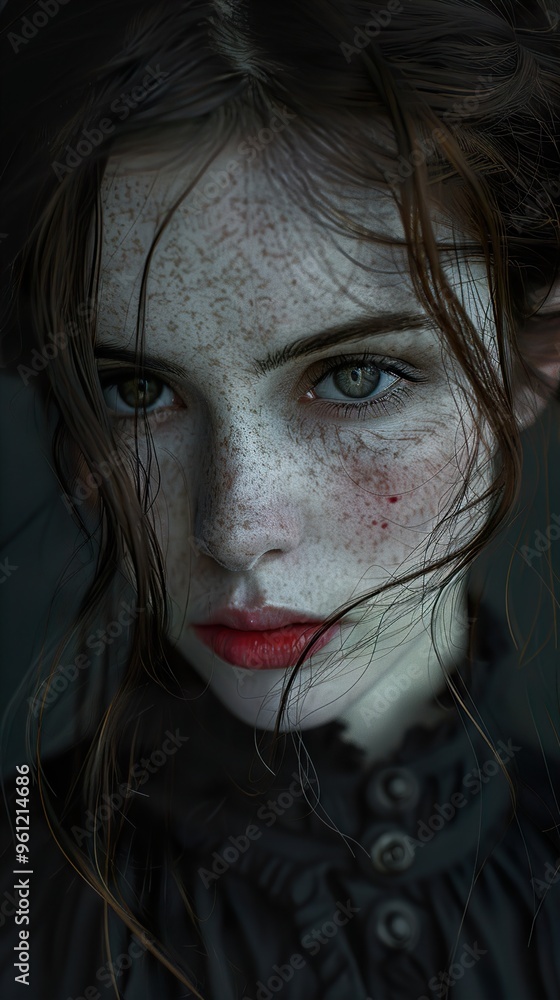 A young woman with freckles and red lips looks intensely at the camera, her dark hair falling around her face.