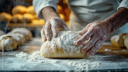 10. A bakerâ€™s hands shaping a loaf of bread, dusted with flour, with other loaves in different stages of preparation in the background, giving a sense of the baking process photo