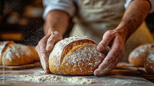 10. A bakerâ€™s hands shaping a loaf of bread, dusted with flour, with other loaves in different stages of preparation in the background, giving a sense of the baking process photo