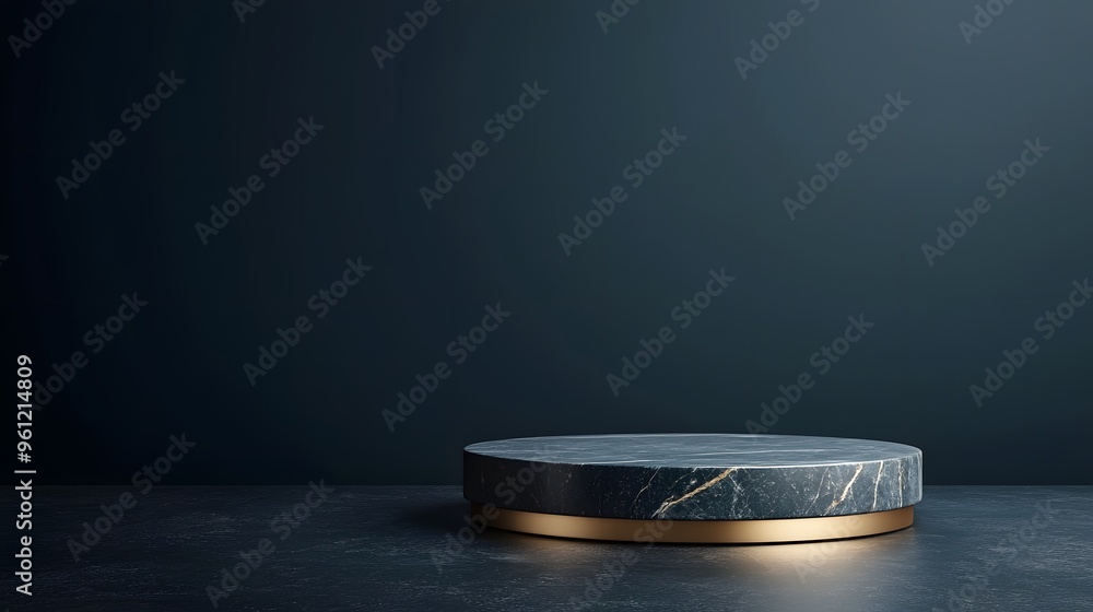 A circular dark marble podium with sleek gold edges, showcased against a solid dark background, conveying luxury and modern aesthetics, evoking a sense of simplicity. Luxury Podium Concept A circular dark marble podium with sleek gold edges, showcased against a solid dark background, conveying luxury and modern aesthetics, evoking a sense of simplicity. Luxury Podium Concept