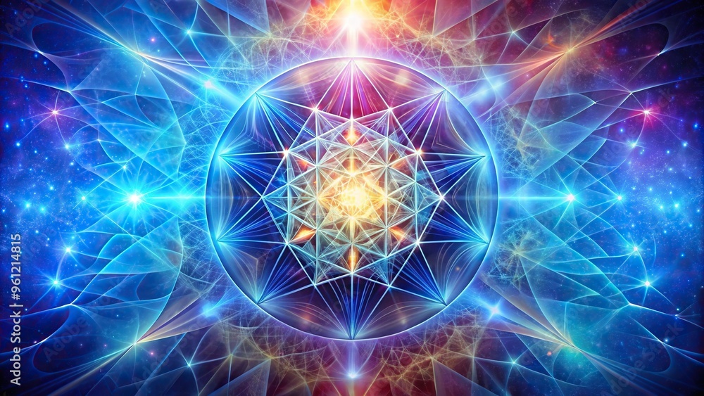 Abstract light merkaba and Flower of Life on colorful background with fractal structure, sacred geometry macro Abstract light merkaba and Flower of Life on colorful background with fractal structure, sacred geometry macro