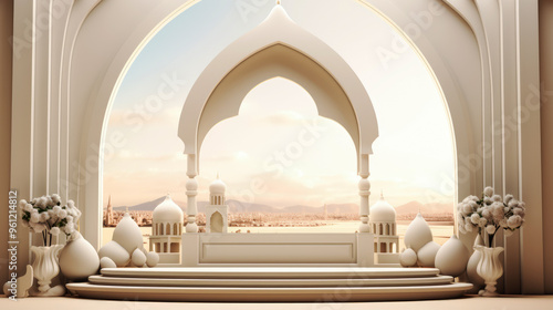 generated illustration of  Podium background with Islamic style, suitable for product promotion for Ramadan events or Islamic celebrations. photo