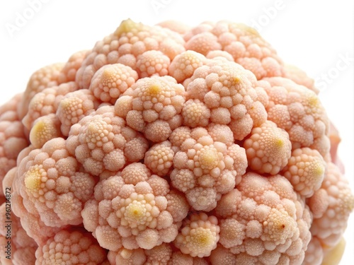 Macro view of a human skin wart, highlighting the rough, cauliflower-like texture, with visible blood vessels and keratinized skin cells, isolated on a white background. photo