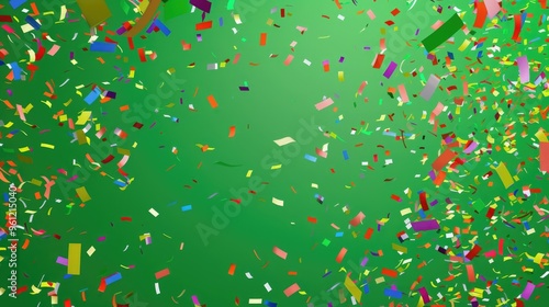 Colorful confetti and streamers floating in the air on a green background. The concept of a holiday, party or special event. photo