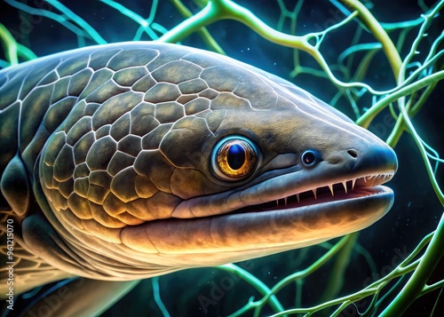 Macro view of electric eel's anatomy, showcasing its elongated body, electrical organs, and specialized cells called electrocytes that generate powerful electric discharges. photo