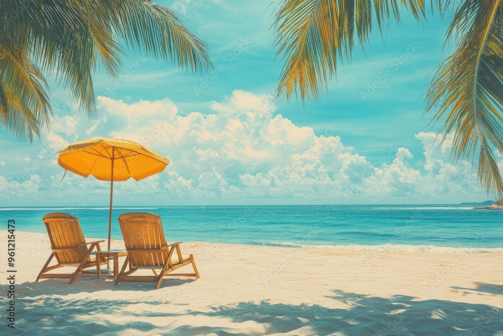 Obraz premium Beautiful panoramic sea sand sky. Tropical relax beach sunny summer island landscape. Love couple chairs umbrella palm leaves romantic coast. Luxury travel destination. Honeymoon vacation best , ai