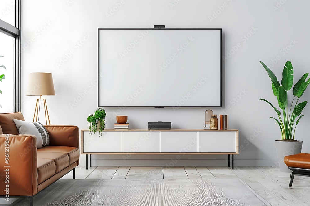 White wall mounted tv on cabinet in living room with leather sofa,minimal design3d rendering White wall mounted tv on cabinet in living room with leather sofa,minimal design3d rendering