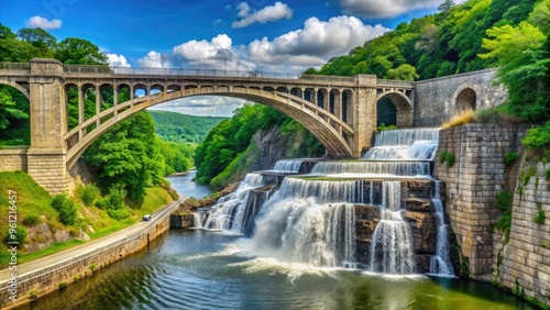 Majestic New Croton Dam, a historic arch dam on the Croton River, surrounded by lush greenery, offers a serene and picturesque Westchester County, New York scenery. photo