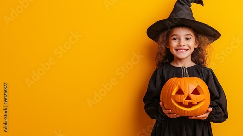 Cheerful young girl wearing a witch costume holding a carved pumpkin for halloween