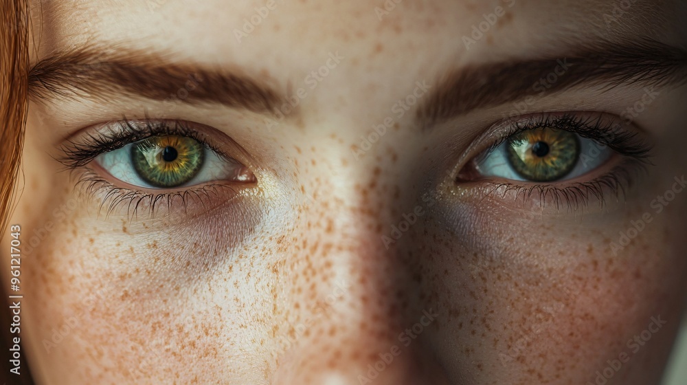 Fototapeta premium Close Up of Woman's Green Eyes with Freckles