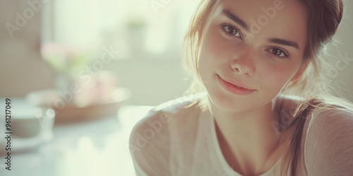 A close-up portrait of a young white woman wearing a casual t-shirt, with a blurred background.