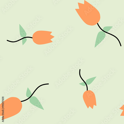 Seamless pattern of orange flowers on a light green background.
