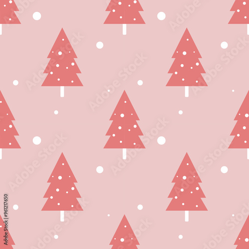 Seamless pattern of Christmas trees amidst falling snow in pink tones.