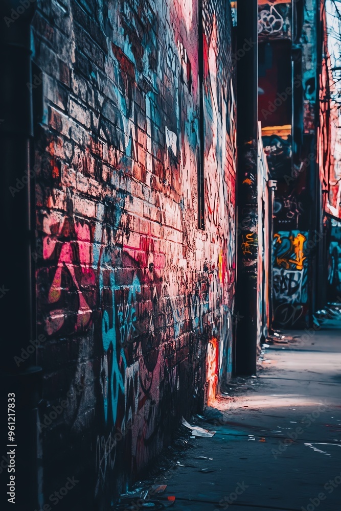 Fototapeta premium A side view of a graffiti-covered wall in a dystopian alley