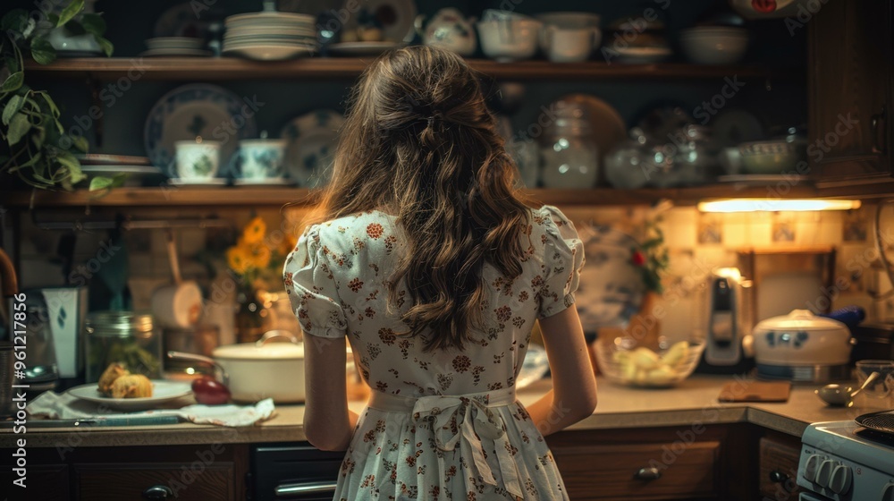 A woman in a floral dress stands in a kitchen. AI. A woman in a floral dress stands in a kitchen. AI.