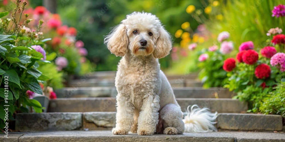 Fluffy white mini poodle with a curly beard and curly tail, sitting on a grey stone step, looking out at a serene garden with blooming flowers. Fluffy white mini poodle with a curly beard and curly tail, sitting on a grey stone step, looking out at a serene garden with blooming flowers.