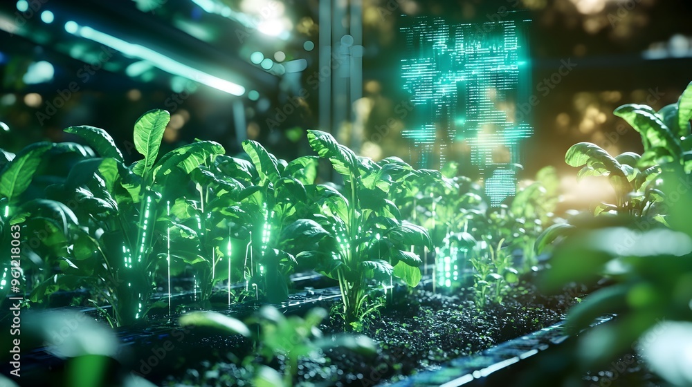 Fototapeta premium Holographic display of real time crop growth analytics and data visualizations in a high tech futuristic farming environment