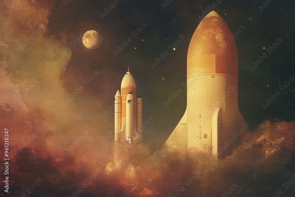 Naklejka premium World Space Week. Illustration about space with a rocket. The spaceship flies through time and space to new unknown worlds. Book illustration for science fiction or fantasy. Future space exploration.