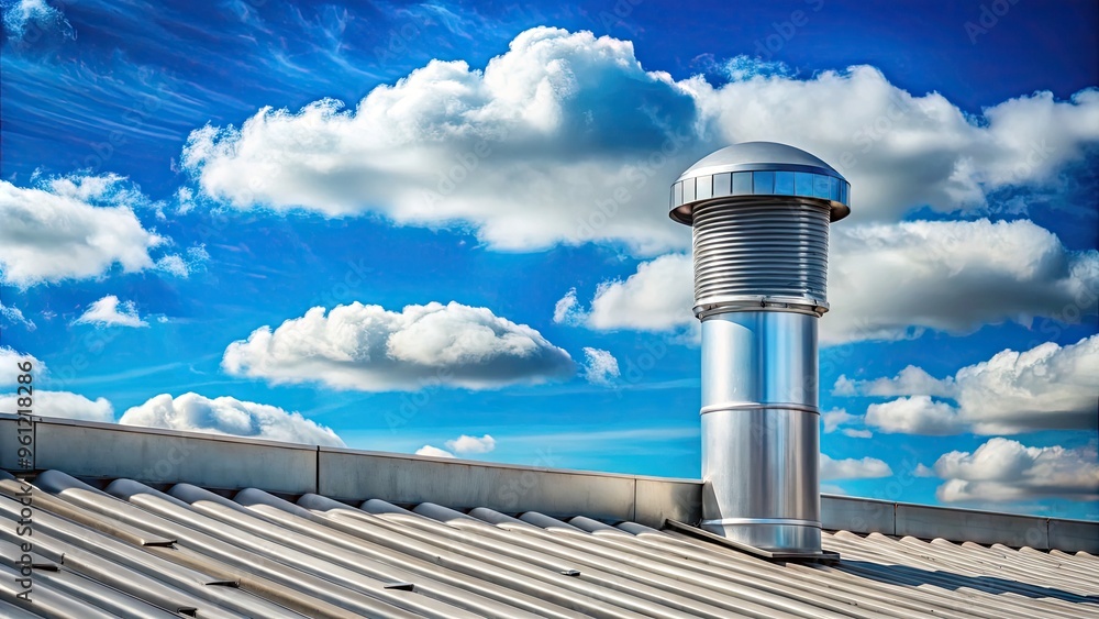 Metal Rooftop Vent Pipe Against A Cloudy Blue Sky With Copy Space Metal Rooftop Vent Pipe Against A Cloudy Blue Sky With Copy Space
