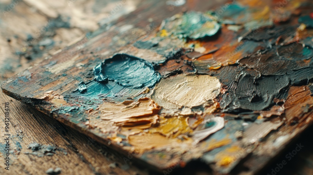 Detailed close-up of a painter's palette covered in thick, textured brushstrokes of various earthy and blue tones. Detailed close-up of a painter's palette covered in thick, textured brushstrokes of various earthy and blue tones.