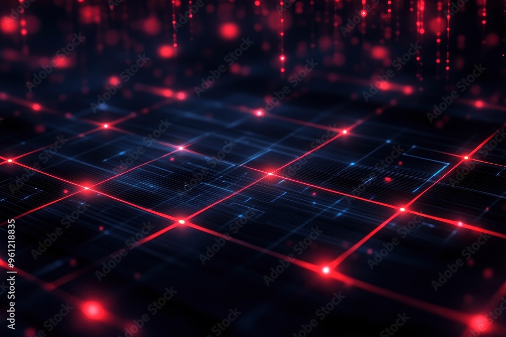 This image showcases a dark blue digital grid pattern on a black background, featuring glowing red lines and dots. The design creates a futuristic and high-tech atmosphere, perfect digital art , ai This image showcases a dark blue digital grid pattern on a black background, featuring glowing red lines and dots. The design creates a futuristic and high-tech atmosphere, perfect digital art , ai