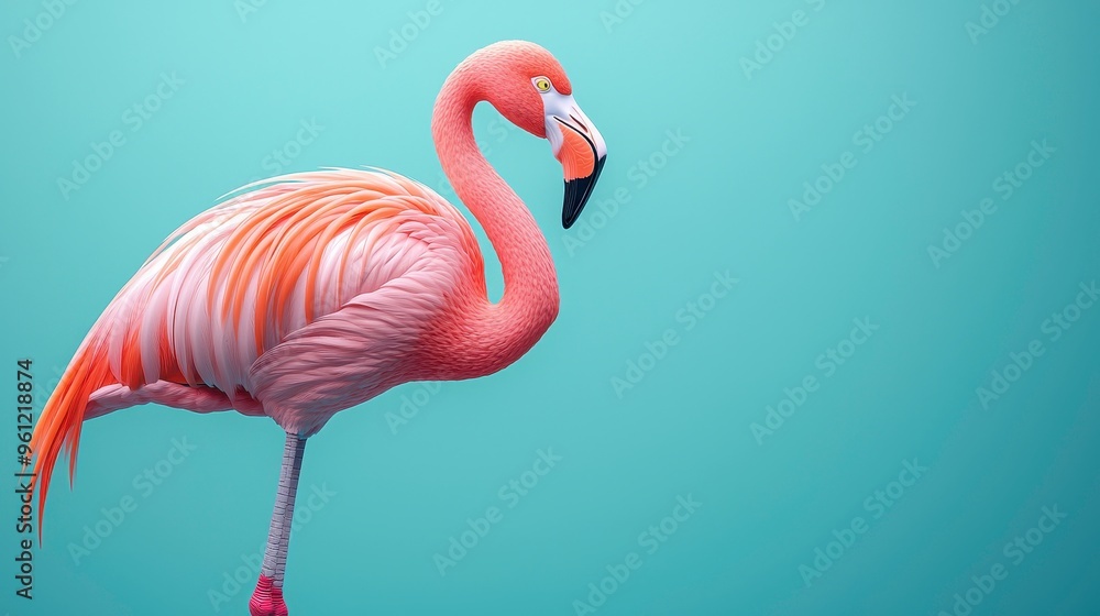 Fototapeta premium 3D flamingo standing on one leg with a soft pastel background on the right, symbolizing the grace and elegance of zoo birds, style of