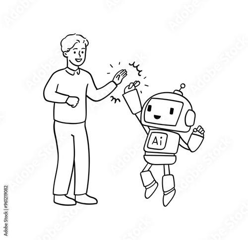 Vector icon for man high-fiving a cute AI robot. A human figure and an Artificial intelligence robot share a high-five in a hand-drawn, clean-lined black-and-white illustration, depicting friendly hum