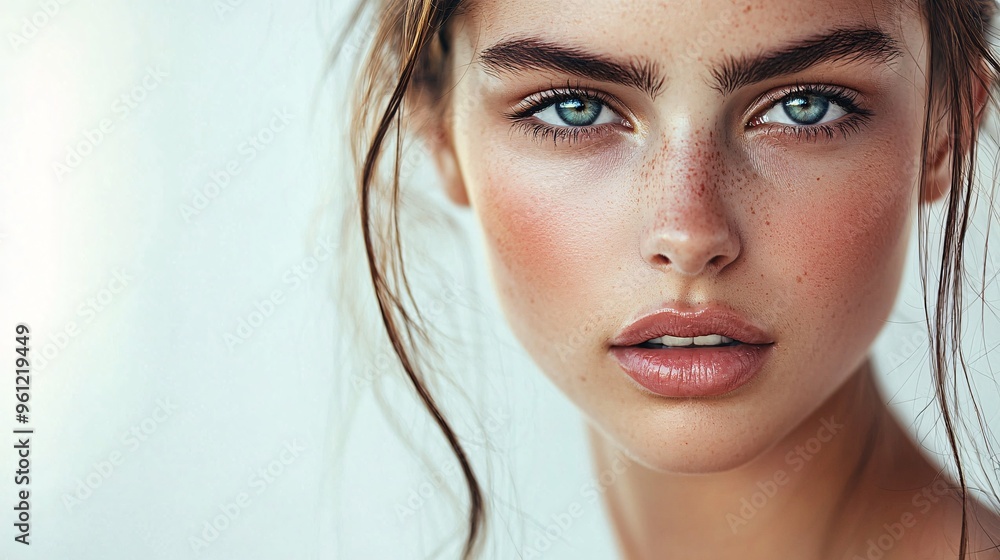 Close-up Portrait of a Young Woman with Blue Eyes and Freckles Close-up Portrait of a Young Woman with Blue Eyes and Freckles