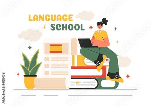 Language School Vector Illustration of Online Learning, Courses, Training Programs, and Studying Foreign Languages Abroad in a Flat Style Background