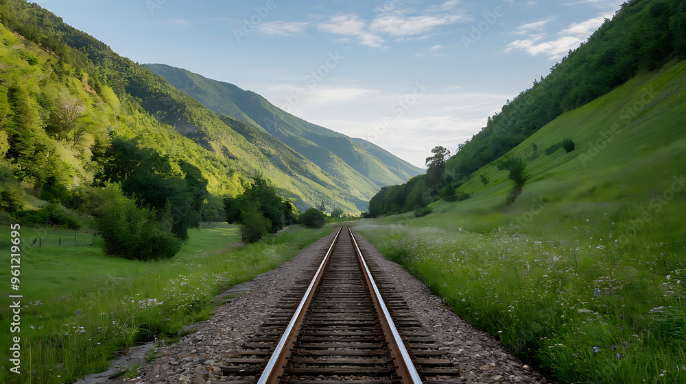 Fototapeta premium A train tracks running through a green valley 