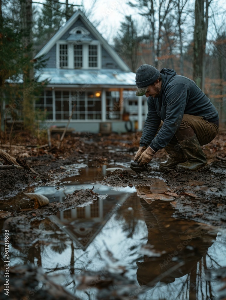 A man kneels in the mud, inspecting a puddle reflecting a house in the background. AI. A man kneels in the mud, inspecting a puddle reflecting a house in the background. AI.