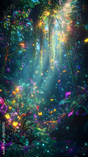 A vibrant forest scene captured from a worms-eye view