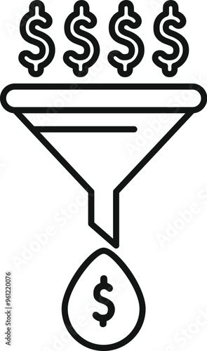 Line icon of money going through a funnel, symbolizing a successful marketing strategy