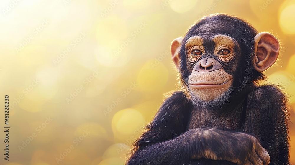 Fototapeta premium 3D chimpanzee with a playful posture and a soft pastel background on the right, symbolizing the intelligence of primates in a zoo, style of