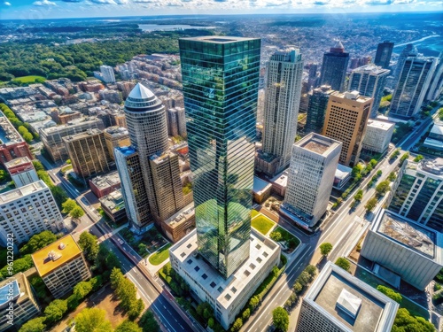 Modern Glass Skyscraper With Surrounding Buildings And City Streets, Aerial View