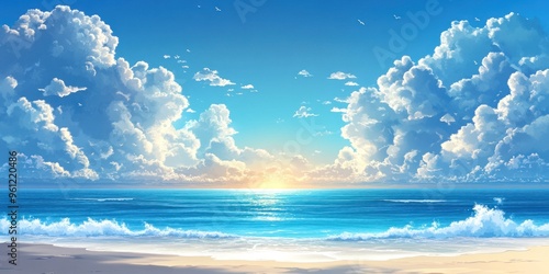 Sky Blue,Cloud Background,Horizon Spring Clear Sky in Morning by the beach,Vector beautiful landscape nature sunrise in Summer,Backdrop panoramic banner white clouds over blue ocean,Sunset landscape