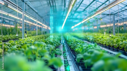 A futuristic holographic visualization of an advanced greenhouse system with integrated climate control automation and data analytics for sustainable and efficient indoor farming